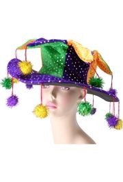 5in Tall Mardi Gras Brimmed Sequin Jester Hat w/ Pom Poms