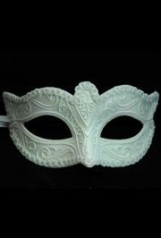 White Cat Eye Masquerade Mask With White Glittery Scrollwork And Rich Fabric Trim Around The Edges