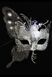 Silver Venetian Masquerade Mask with Silver Metal Laser Cut and Crystals
