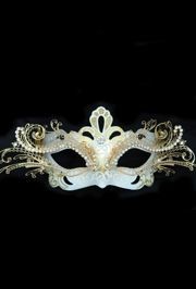 White and Gold Venetian Masquerade Mask with Gold Metal Laser Cut and Crystals