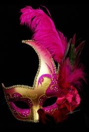 Hot Pink and Gold Venetian Masquerade Mask with Hot Pink Ostrich Plumes and a Flower