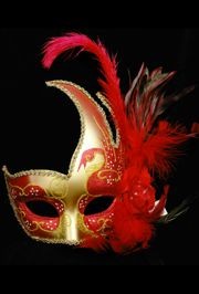 Red and Gold Venetian Masquerade Mask with Red Ostrich Plumes and a Flower