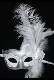 Venetian Masquerade Mask White & Silver with White Ostrich plumes and a Flower