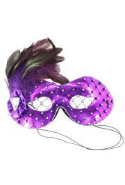 Fancy Purple Party Masquerade Eye Mask with Gemstones And Feathers On The Side
