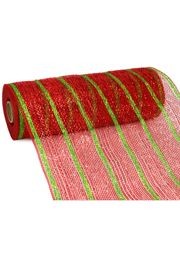 10in Wide x 30ft Long Metallic Deluxe Red/ Lime Stripe Mesh Ribbon