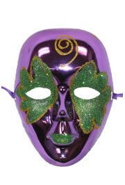 Metallic Purple Plastic Drama Masquerade Mask With Green and Gold Glittered Scrollwork