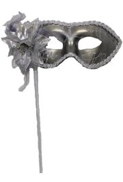 Silver Plastic Sequin Masquerade Mask on a Stick with Flower On The Side