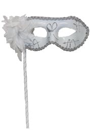 White Plastic Sequin Masquerade Mask on a Stick with a Flower On The Side