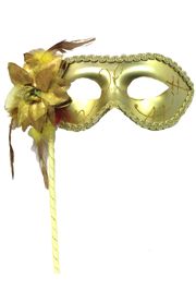 Gold Plastic Sequin Masquerade Mask on a Stick with a Flower On The Side