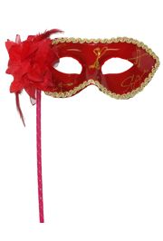 Red Plastic Sequin Masquerade Mask on a Stick with a Flower On The Side