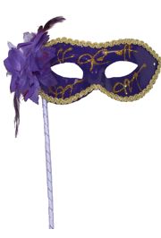 Purple Plastic Sequin Masquerade Mask on a Stick with a Flower On The Side