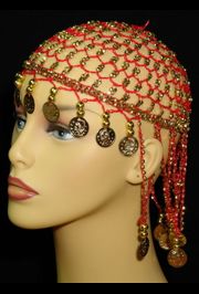 Red Head Piece w/ Metallic Gold Coins/ Beaded