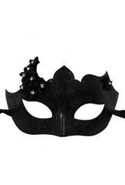 Black Venetian Eye Mask w/ Black Glitter Scrollwork and Flowers On The Side