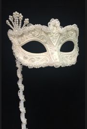 White Wedding Mask with Glitter Scrollwork and Pearls on a Stick