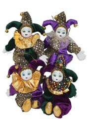 8in Tall x 5in Wide Mardi Gras Plush/ Silk Jester Dolls with Sequin Accents
