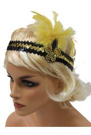 Black and Gold Sequin Feather Headband with Fleur de Lis Design
