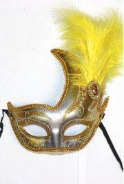 10in Tall x 6.75in Wide Fancy Plastic Mardi Gras Mask w/ Gold Feathers on the Side