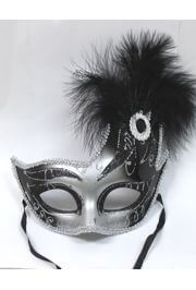 10in Tall x 6.75in Wide Fancy Plastic Mardi Gras Mask w/ Black Feathers on the Side