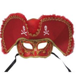 Deluxe Plastic Masquerade Masks: Red Pirate with Tricorn Hat