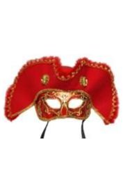 Deluxe Plastic Masquerade Masks: Red Pirate with Tricorn Hat with Skull Design 