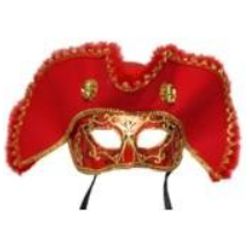 Deluxe Plastic Masquerade Masks: Red Pirate with Tricorn Hat with Skull Design 