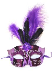 Mardi Gras Purple Feather Mask with Jewel and Silver Glitter Accents