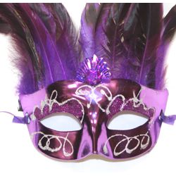 Mardi Gras Purple Feather Male Mask with Rhinestone and Glitter Accents