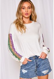 White Mardi Gras T-shirt with Purple/ Green/ Gold Sequin Trim Large