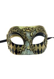 7in Wide x 3in Tall Gold Plastic Venetian Man Mask w/ Black Domino Design