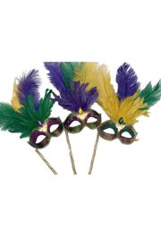 Mardi Gras Venetian Mask w/ Feathers and Stick